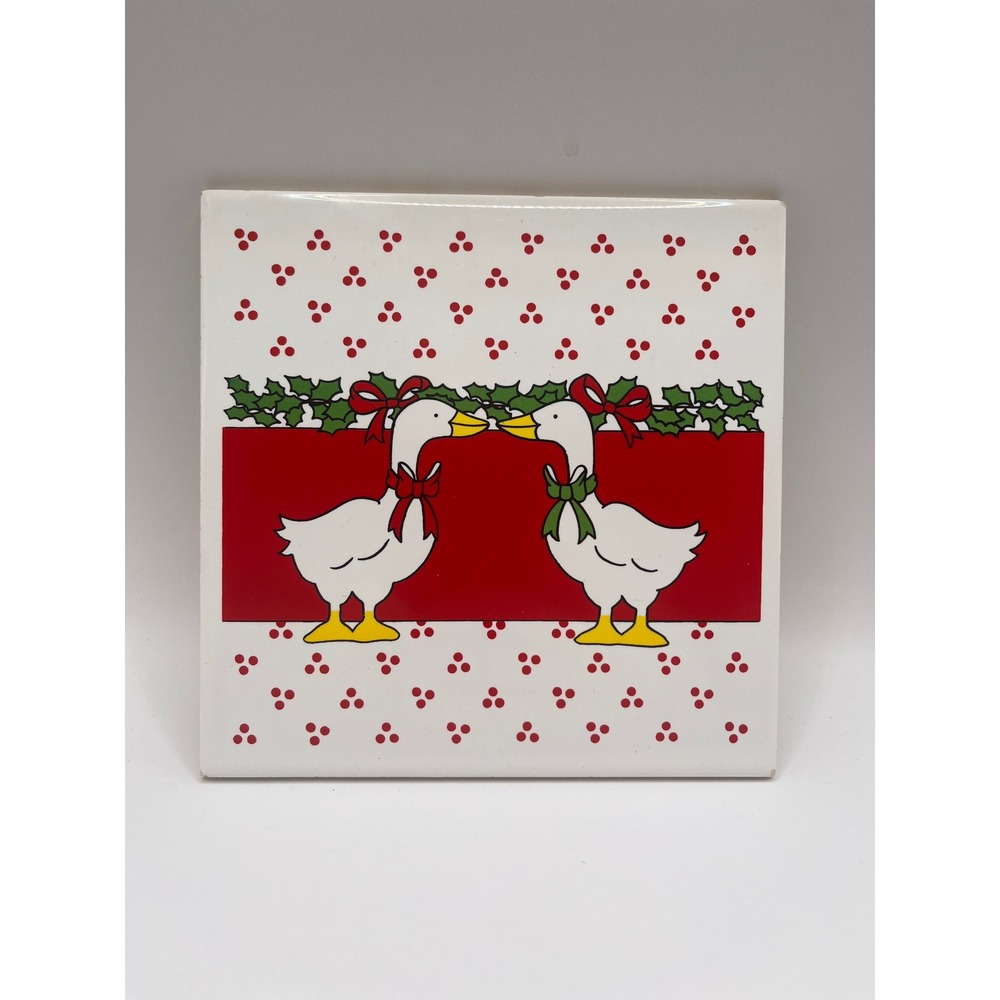 Vintage Christmas Geese Ceramic Trivet Tile 6" Square Country Farmhouse Decor